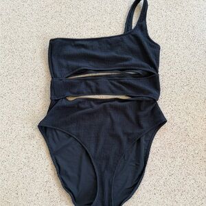 Aerie Black One-Shoulder Cutout One Piece